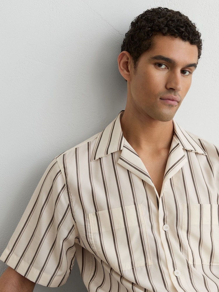 Reiss Ivory White Saint Lyocell Stripe Relaxed Cuban-Collar Shirt - Image 1 of 6 Reiss Ivory White Saint Lyocell Stripe Relaxed Cuban-Collar Shirt - Image 1 of 6