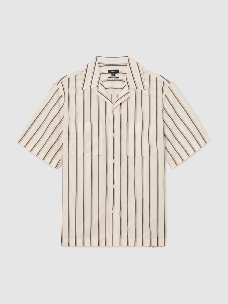 Reiss Ivory White Saint Lyocell Stripe Relaxed Cuban-Collar Shirt - Image 2 of 6 Reiss Ivory White Saint Lyocell Stripe Relaxed Cuban-Collar Shirt - Image 2 of 6