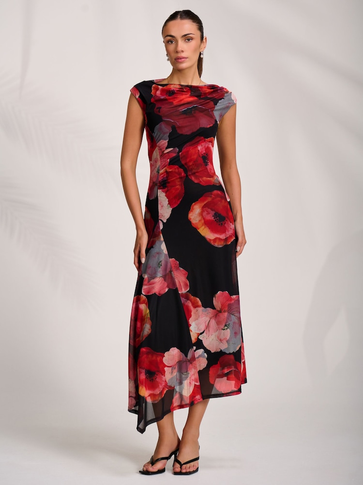 Jolie Moi Red Asymmetric Draped Mesh Midaxi Dress - Image 1 of 7 Jolie Moi Red Asymmetric Draped Mesh Midaxi Dress - Image 1 of 7