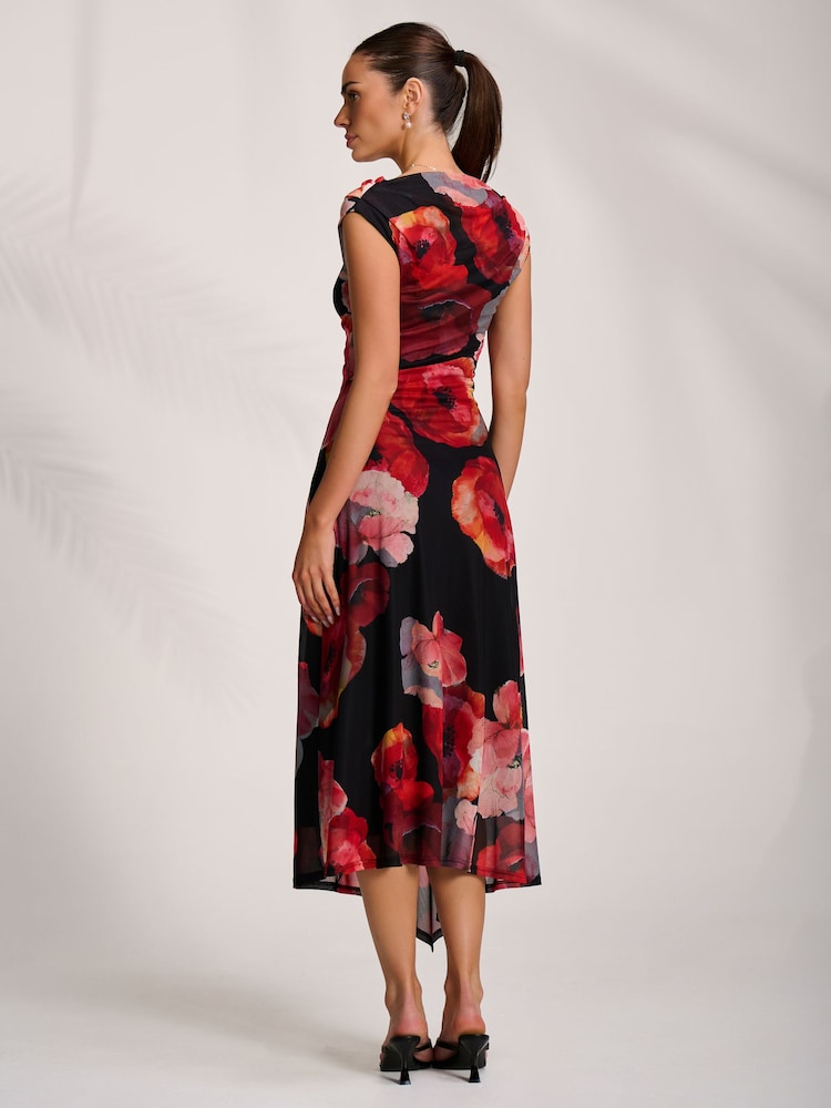 Jolie Moi Red Asymmetric Draped Mesh Midaxi Dress - Image 2 of 7 Jolie Moi Red Asymmetric Draped Mesh Midaxi Dress - Image 2 of 7