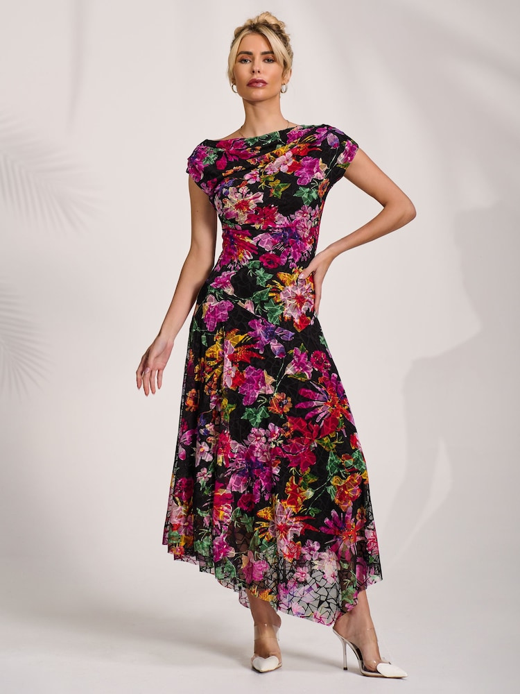 Jolie Moi Purple Asymmetric Draped Print Lace Maxi Dress - Image 1 of 7 Jolie Moi Purple Asymmetric Draped Print Lace Maxi Dress - Image 1 of 7