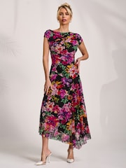 Jolie Moi Purple Asymmetric Draped Print Lace Maxi Dress - Image 6 of 7