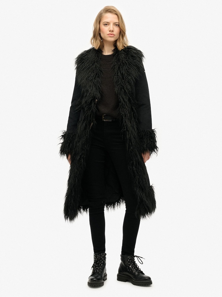 Superdry Black Long Afghan Coat - Image 1 of 8
