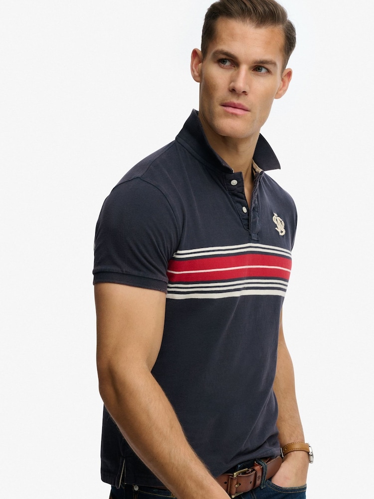 Superdry Blue Vintage Stripe Jersey Polo Shirt - Image 1 of 7