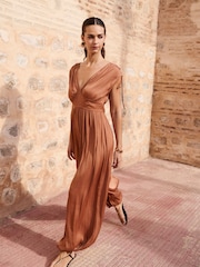 Lipsy Rust Brown V-Neck Sleevless Balloon Trousers Jumpsuit - Image 1 of 4