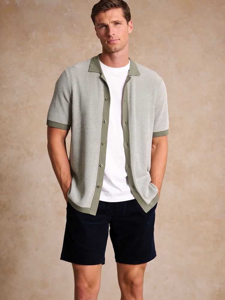 Brook Taverner Green Button Through Knitted Cotton Blend Polo Shirt - Image 1 of 6
