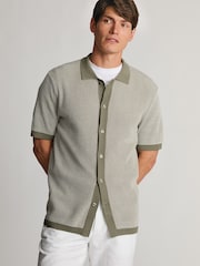 Brook Taverner Green Button Through Knitted Cotton Blend Polo Shirt - Image 3 of 6