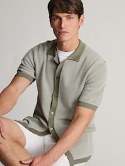 Brook Taverner Green Button Through Knitted Cotton Blend Polo Shirt - Image 5 of 6