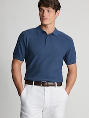 Brook Taverner Blue Textured Cotton Knitted Polo Shirt - Image 1 of 4