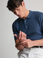 Brook Taverner Blue Textured Cotton Knitted Polo Shirt - Image 4 of 4