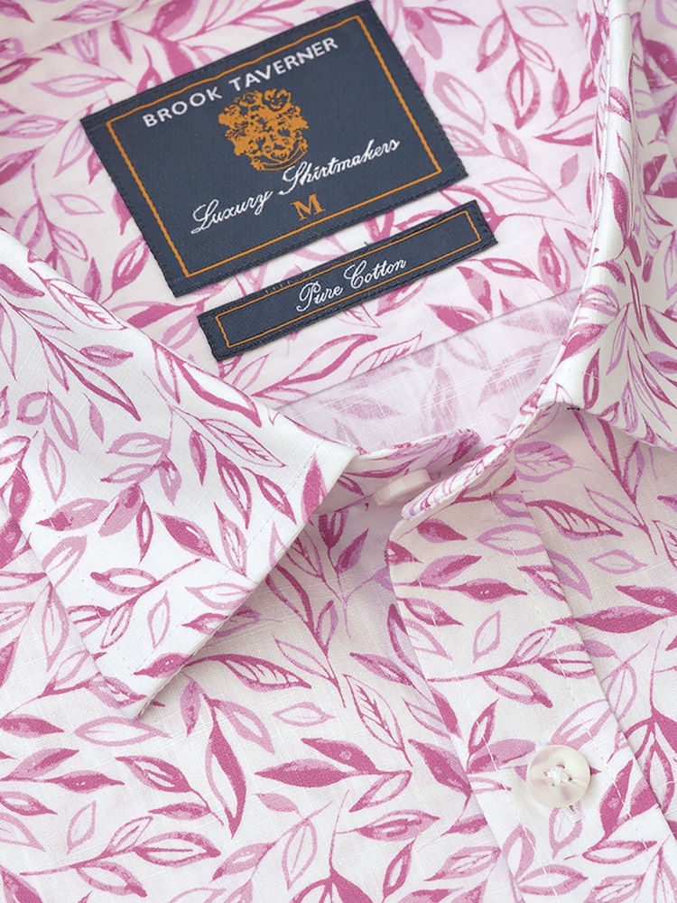 Brook Taverner Green Botanical Print Slub Cotton Short Sleeve Shirt - Image 6 of 6