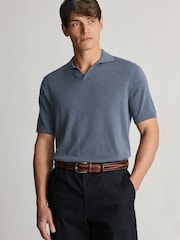 Brook Taverner Blue Notch Neck Cotton Lyocell Knitted Polo Shirt - Image 1 of 4