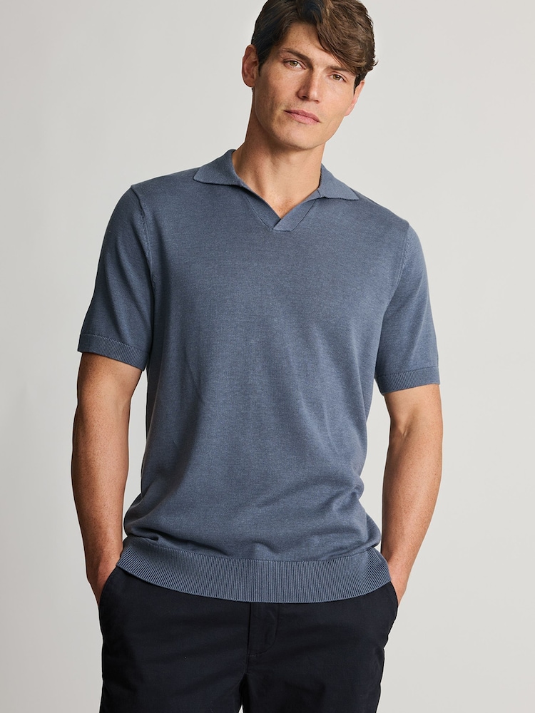 Brook Taverner Blue Notch Neck Cotton Lyocell Knitted Polo Shirt - Image 2 of 4 Brook Taverner Blue Notch Neck Cotton Lyocell Knitted Polo Shirt - Image 2 of 4