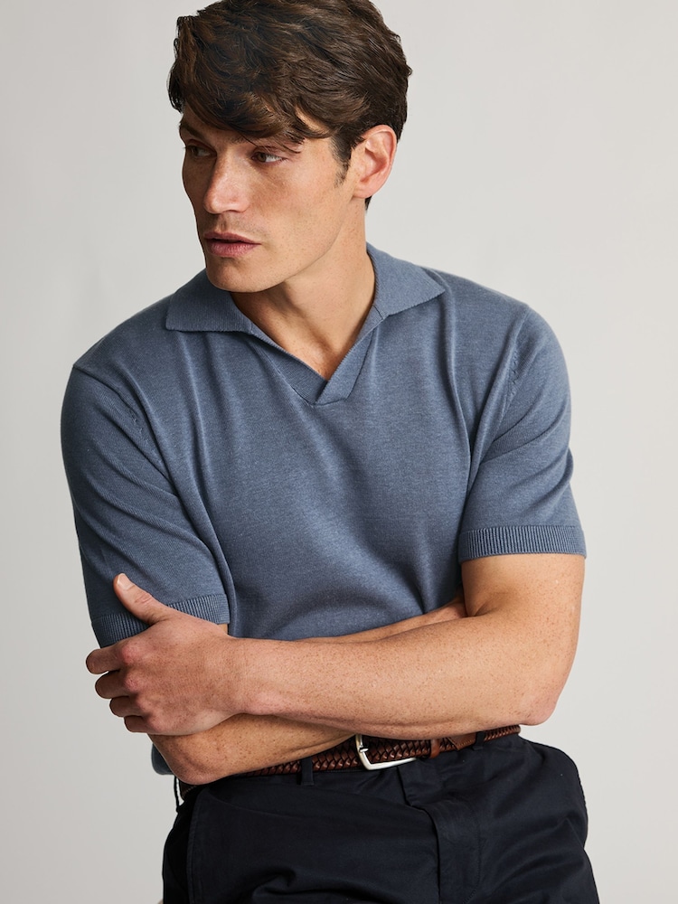 Brook Taverner Blue Notch Neck Cotton Lyocell Knitted Polo Shirt - Image 4 of 4 Brook Taverner Blue Notch Neck Cotton Lyocell Knitted Polo Shirt - Image 4 of 4