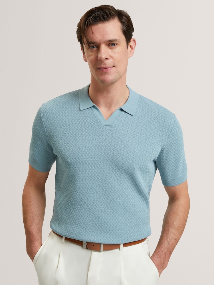 Ted Baker Blue Short Sleeve Zig Zag Stitch Polo Shirt - Image 1 of 7