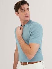 Ted Baker Blue Short Sleeve Zig Zag Stitch Polo Shirt - Image 3 of 7