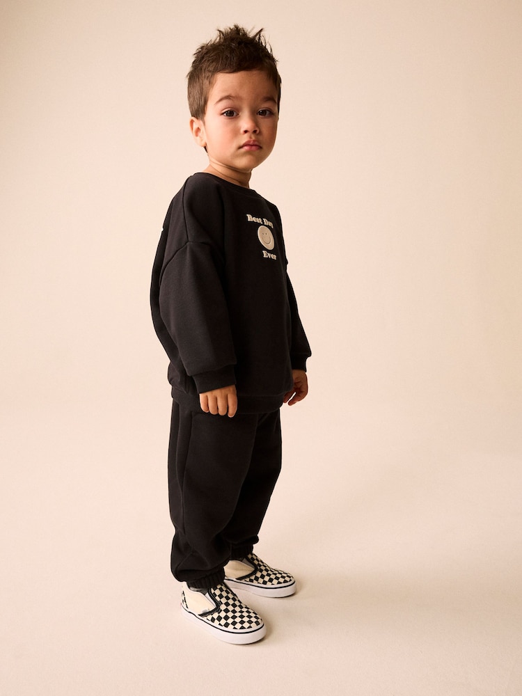 Black Back Print Crew Neck Joggers Set (3mths-7yrs) - Image 1 of 10 Black Back Print Crew Neck Joggers Set (3mths-7yrs) - Image 1 of 10