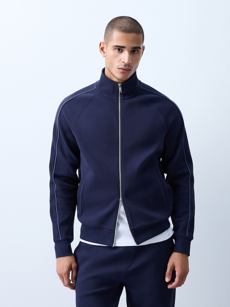 Navy Blue Textured Pique Zip Through Funnel Sweat Top - Image 1 of 8 Navy Blue Textured Pique Zip Through Funnel Sweat Top - Image 1 of 8