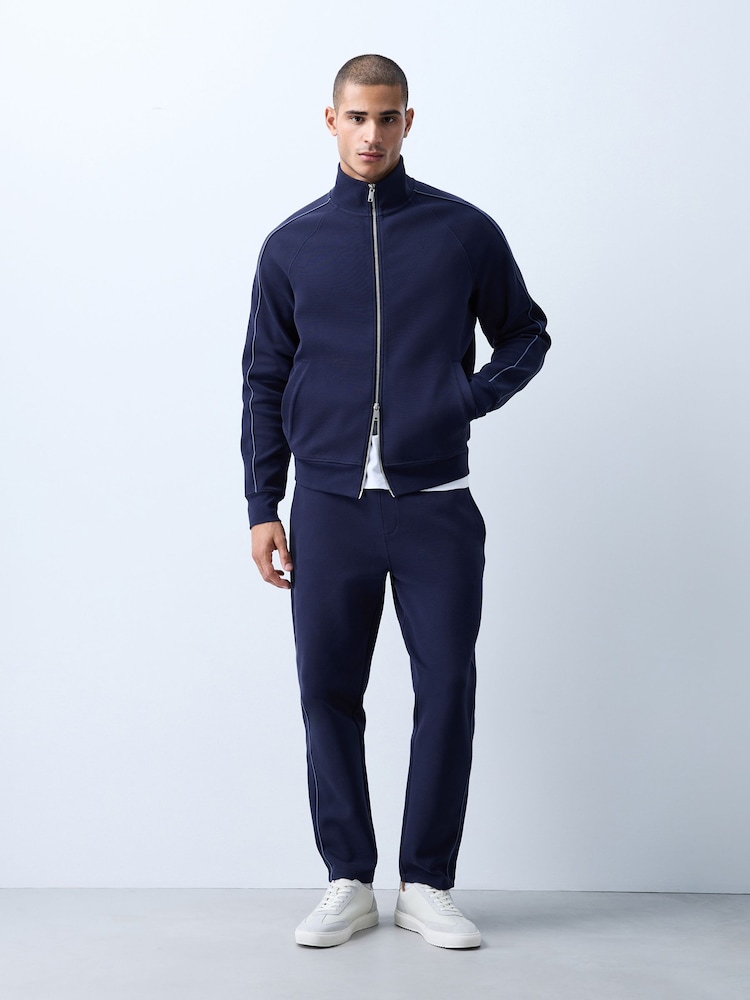 Navy Blue Textured Pique Zip Through Funnel Sweat Top - Image 2 of 8 Navy Blue Textured Pique Zip Through Funnel Sweat Top - Image 2 of 8