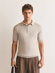 John Smedley Natural Adrian Short Sleeve Knitted Polo Shirt - Image 1 of 5