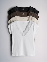 4 Pack Lace Trim Cap Sleeve V-Neck Ribbed Tops Black/Brown/Neutral/White - Image 1 of 7