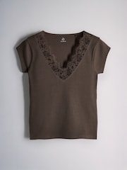 4 Pack Lace Trim Cap Sleeve V-Neck Ribbed Tops Black/Brown/Neutral/White - Image 3 of 7