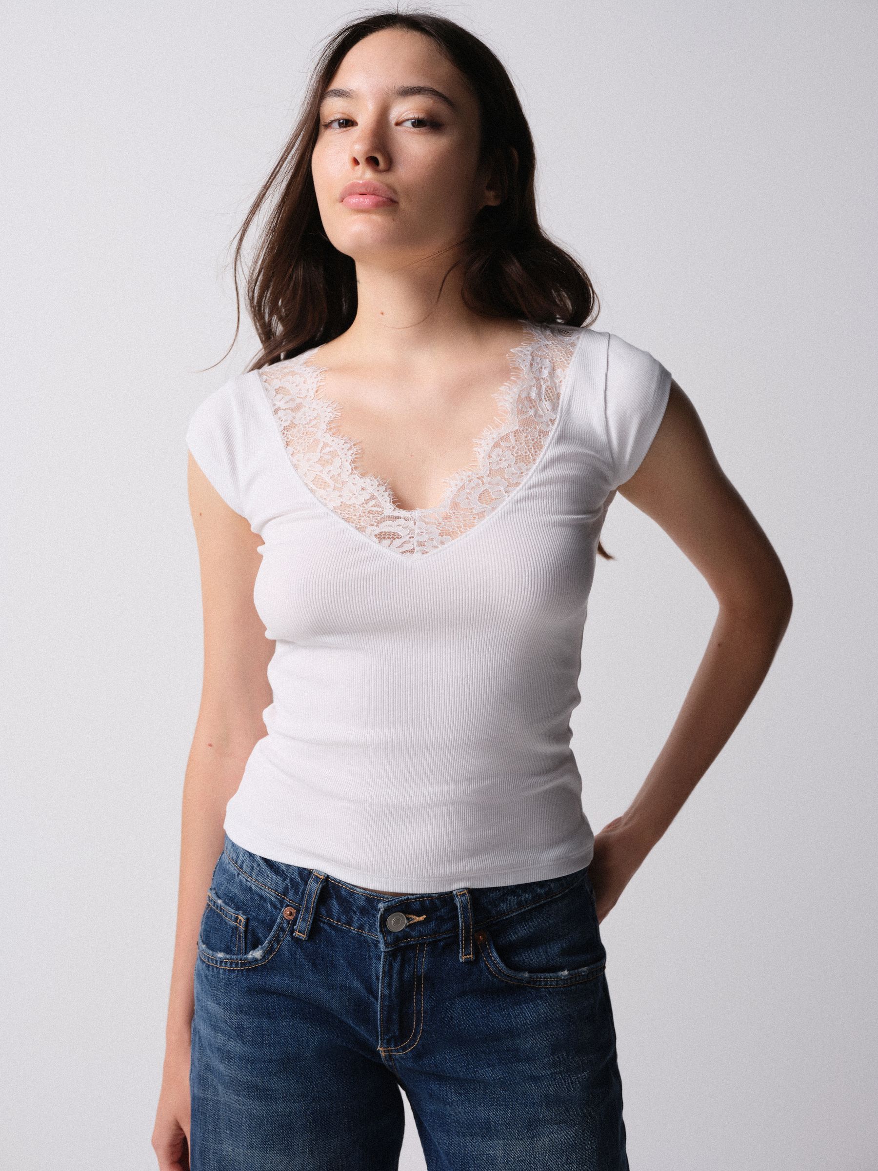 Buy 4 Pack Lace Trim Cap Sleeve V-Neck Ribbed Tops Black/Brown