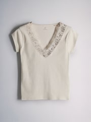 4 Pack Lace Trim Cap Sleeve V-Neck Ribbed Tops Black/Brown/Neutral/White - Image 5 of 7
