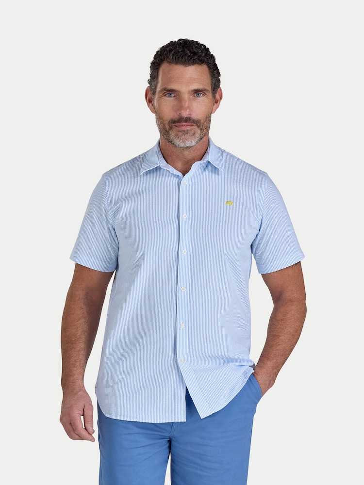 Raging Bull Blue Short Sleeve Bournmouth Stripe Linen Shirt - Image 1 of 6