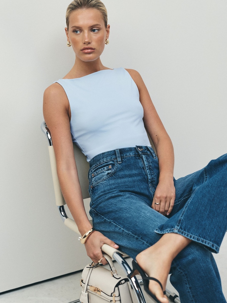 Blue Soft Touch Slinky Boat Neck Sleeveless Top - Image 1 of 7 Blue Soft Touch Slinky Boat Neck Sleeveless Top - Image 1 of 7