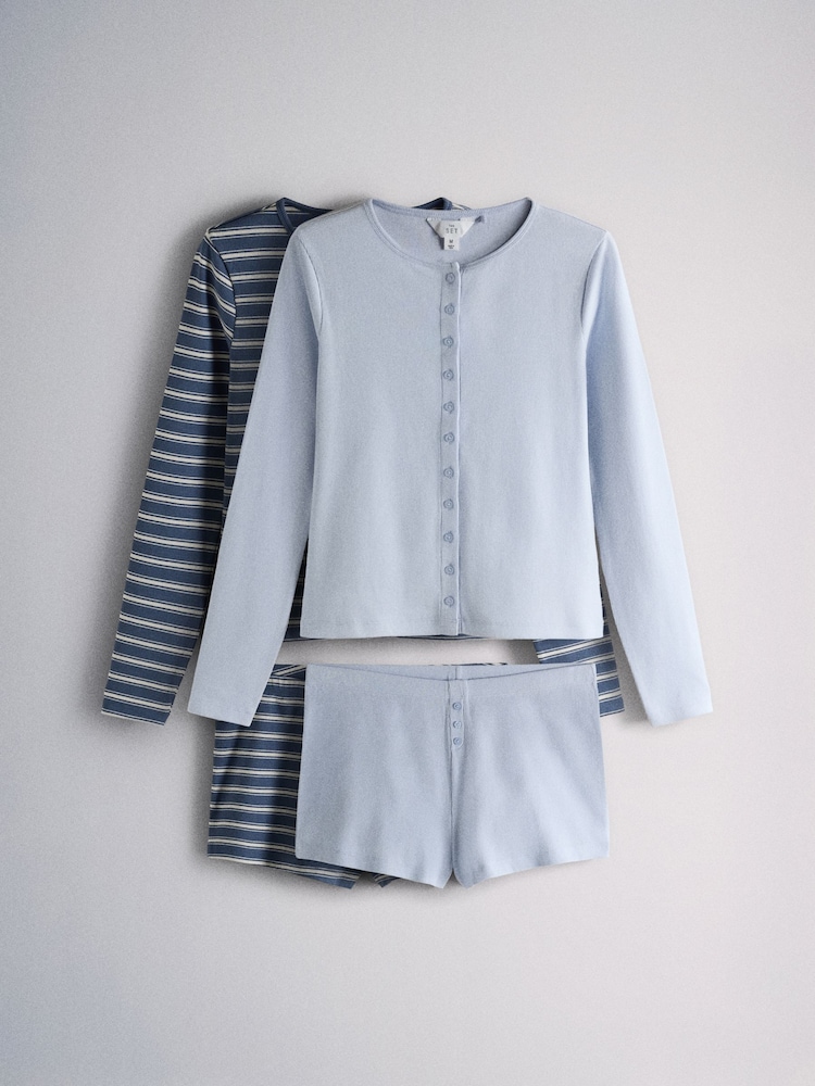 The Set 2 Pack Soft Ribbed Button Up 长袖 and 短裤睡衣 - 14的图像1｝