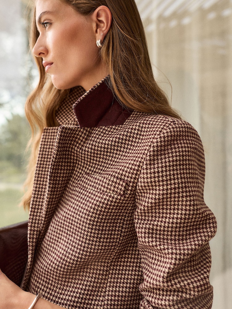 Burgundy Dogtooth Single Breasted Blazer With Wool - Image 1 of 5 Burgundy Dogtooth Single Breasted Blazer With Wool - Image 1 of 5
