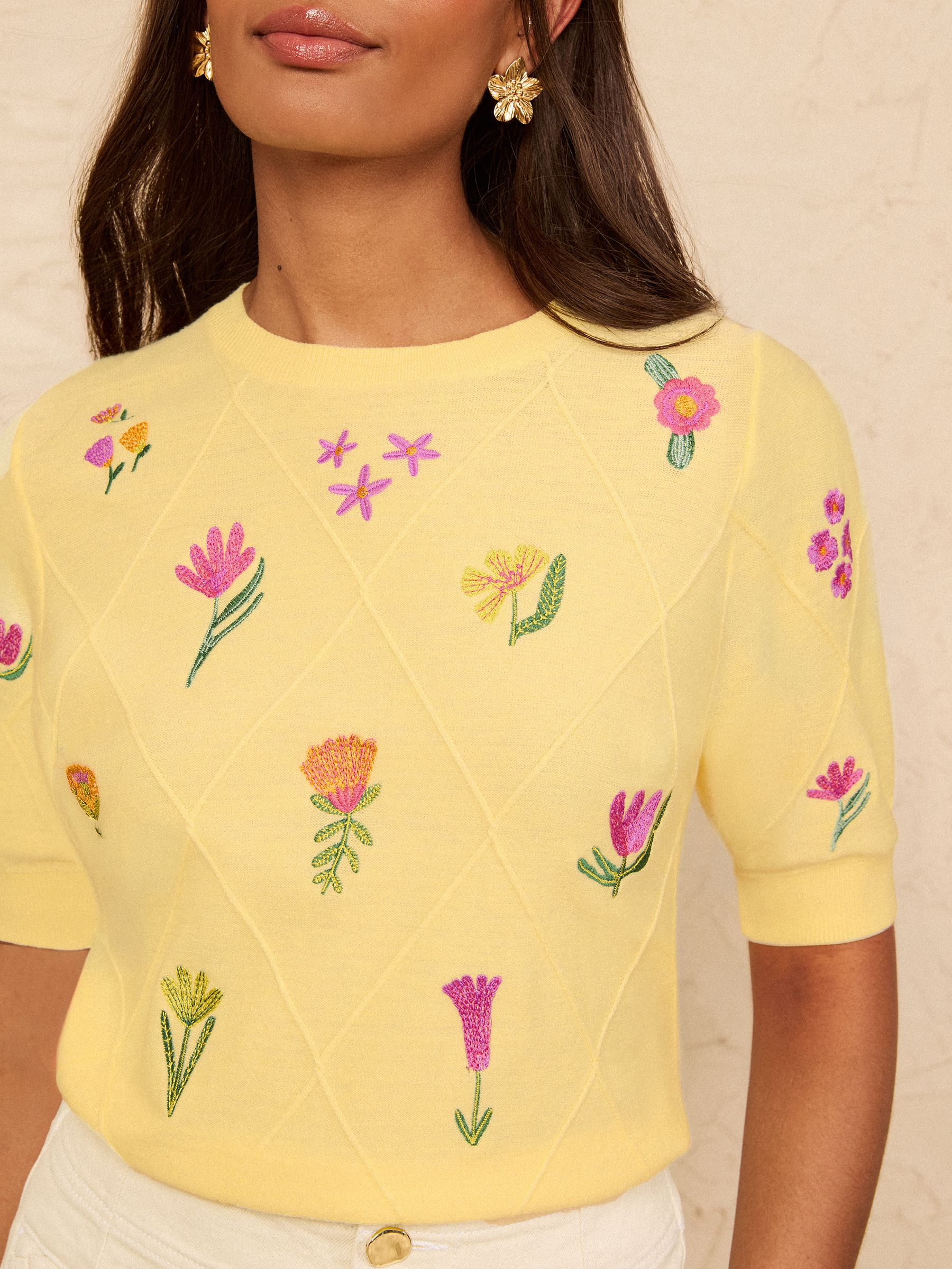 Buy Love & Roses Yellow Petite Floral Embroidered Detail Crew Neck