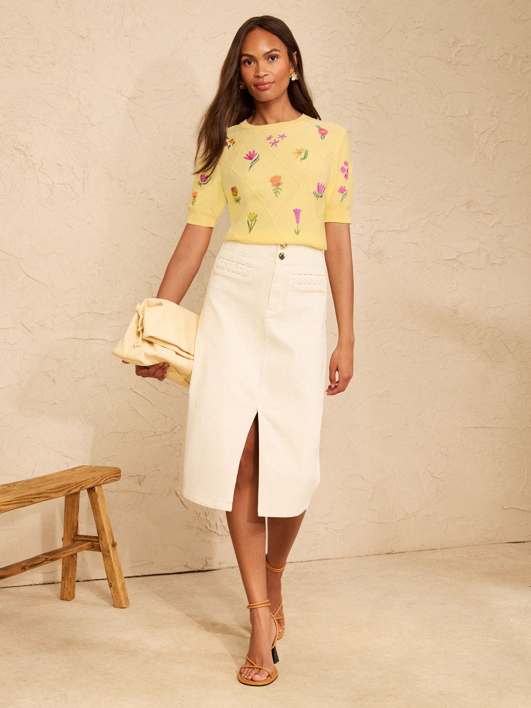 Buy Love & Roses Yellow Petite Floral Embroidered Detail Crew Neck