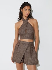 Reiss Taupe Brown Serena Linen Wrap-Front Halterneck Crop Top - Image 1 of 6
