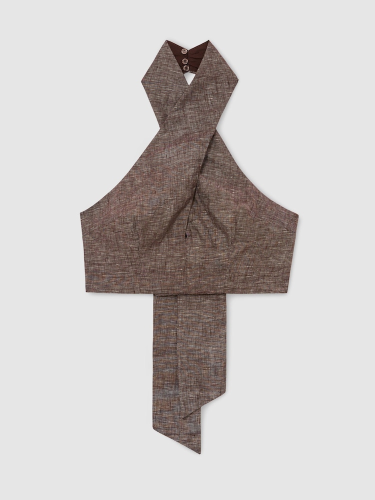 Reiss Taupe Brown Serena Linen Wrap-Front Halterneck Crop Top - Image 2 of 6
