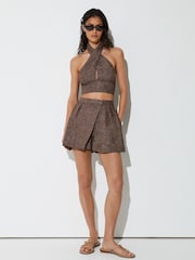 Reiss Taupe Brown Serena Linen Wrap-Front Halterneck Crop Top - Image 3 of 6