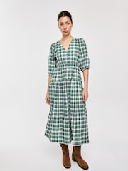Oliver Bonas Green Checked V-Neck Puff Sleeve Midi Dress - Image 1 of 8