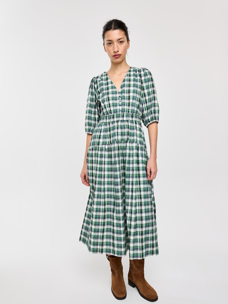 Oliver Bonas Green Checked V-Neck Puff Sleeve Midi Dress - Image 1 of 8