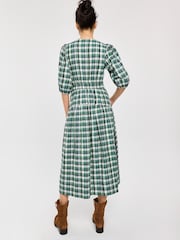 Oliver Bonas Green Checked V-Neck Puff Sleeve Midi Dress - Image 2 of 8