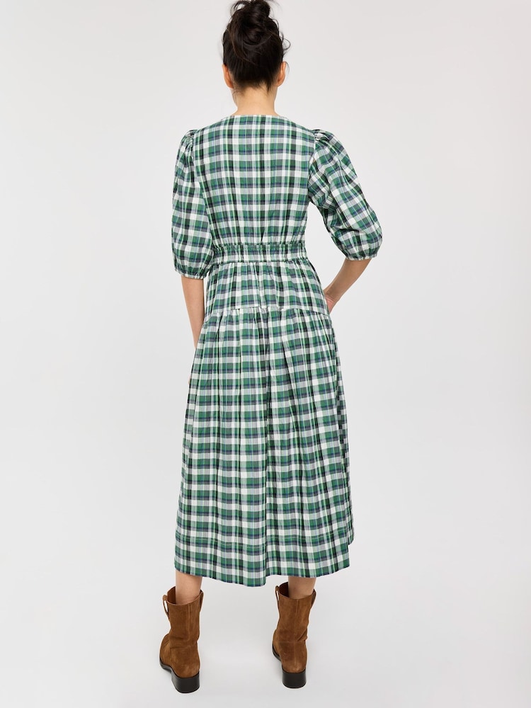 Oliver Bonas Green Checked V-Neck Puff Sleeve Midi Dress - Image 2 of 8