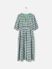 Oliver Bonas Green Checked V-Neck Puff Sleeve Midi Dress - Image 3 of 8
