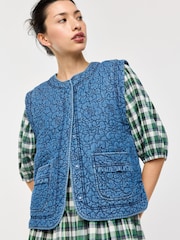 Oliver Bonas Blue Denim Floral Quilted Gilet - Image 1 of 7
