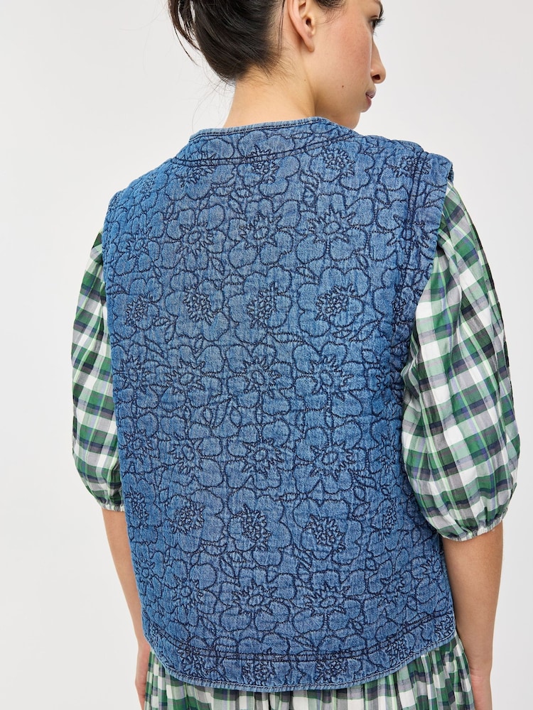 Oliver Bonas Blue Denim Floral Quilted Gilet - Image 2 of 7