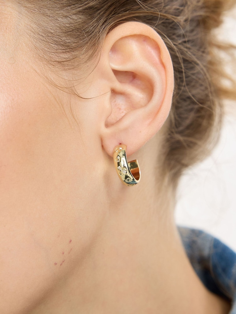 Oliver Bonas Gold Tone Priya Engraved Heart Hoop Earrings - Image 5 of 5