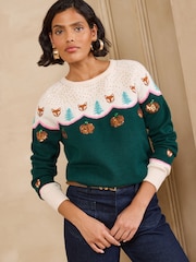 Love & Roses Green Fox and Pumpkin Detail Crew Neck Knitted Jumper - Image 1 of 5
