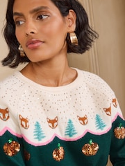 Love & Roses Green Fox and Pumpkin Detail Crew Neck Knitted Jumper - Image 2 of 5