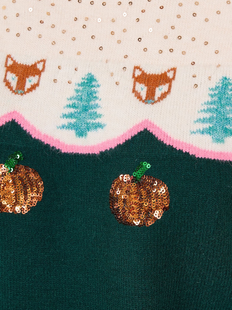 Love & Roses Green Fox and Pumpkin Detail Crew Neck Knitted Jumper - Image 5 of 5 Love & Roses Green Fox and Pumpkin Detail Crew Neck Knitted Jumper - Image 5 of 5