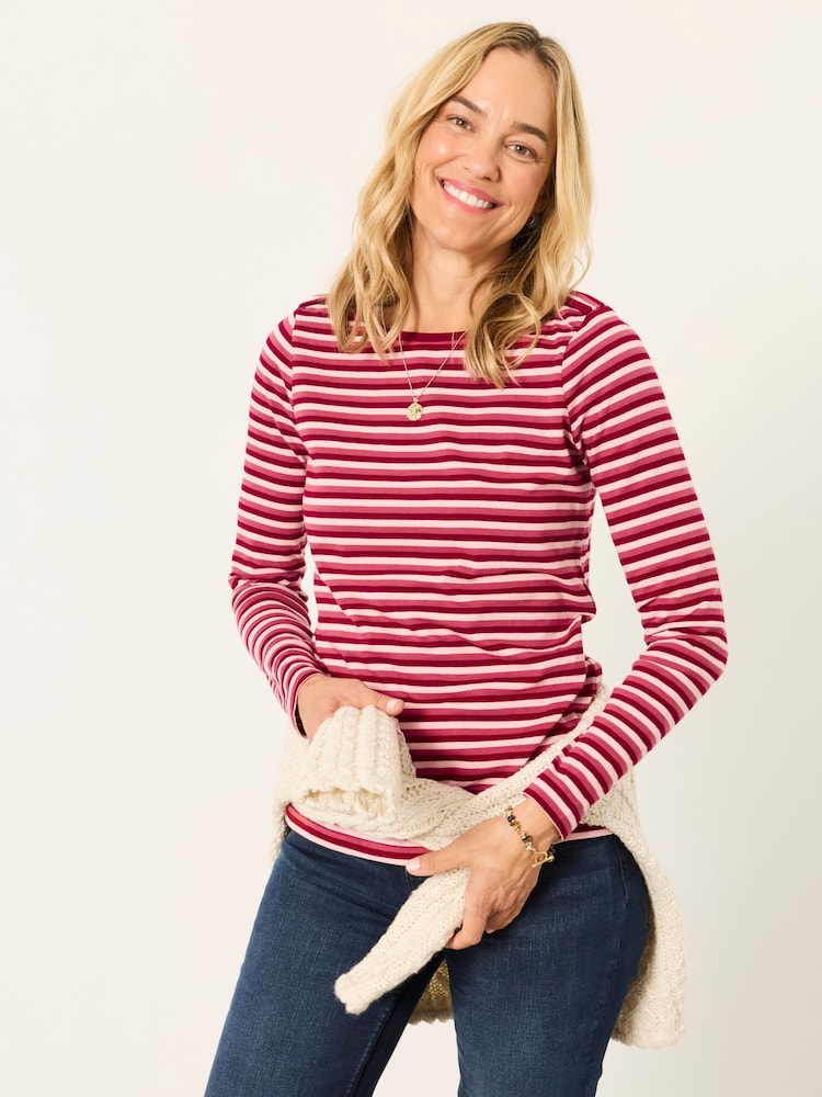 FatFace Breton Pink Long Sleeve Stripe T-Shirt - Image 1 of 6