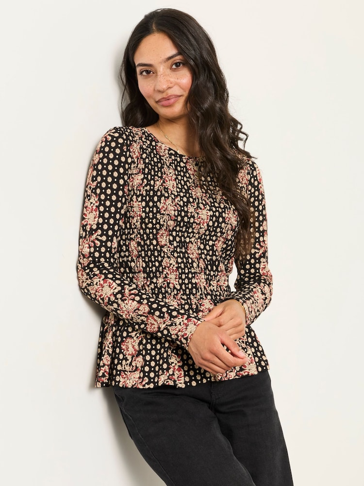 Black Linear Sketch - FatFace Shirred Peplum Top - Obraz 1 z 6